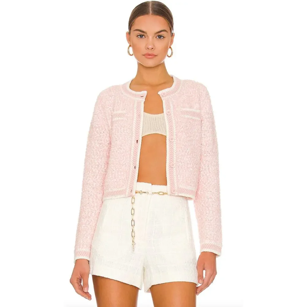 Alice + Olivia Noella Cropped Cardigan Medium Pink Boucle Knit Crew Button Front - Picture 13 of 15